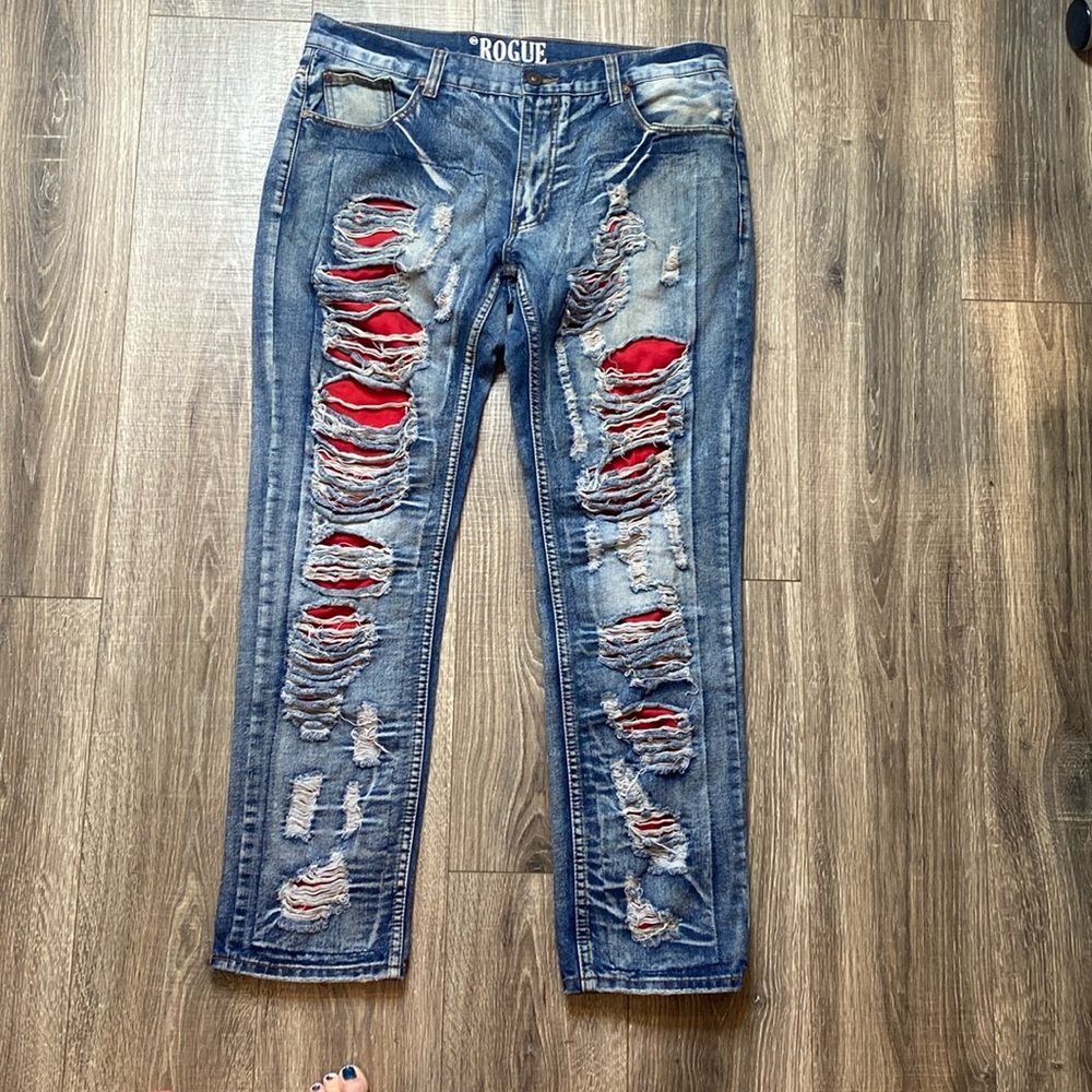 Rogue Vintage distressed street ripped blue red jeans, size 38 x 33